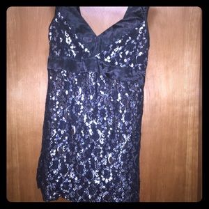 Black Satin and Silver Floral Lace Intimates Slip